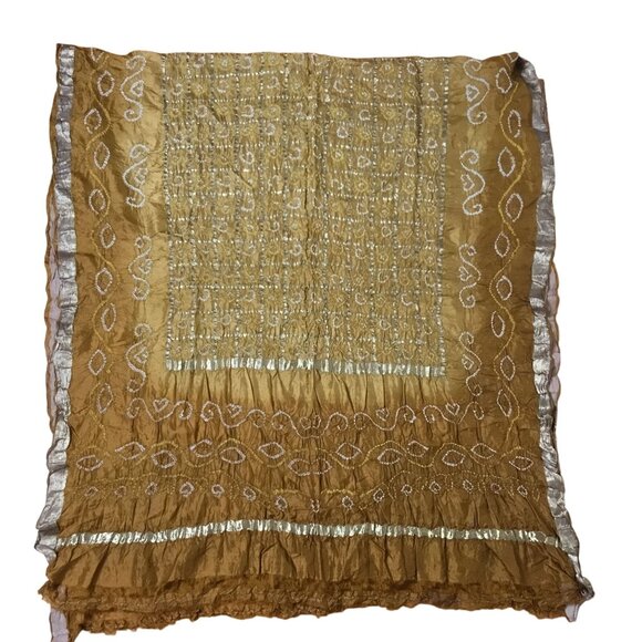 VTG Silk Bandhani Dupatta Shawl Gold Crinkle Wrap Zari Border India Artisan Boho - Picture 9 of 10
